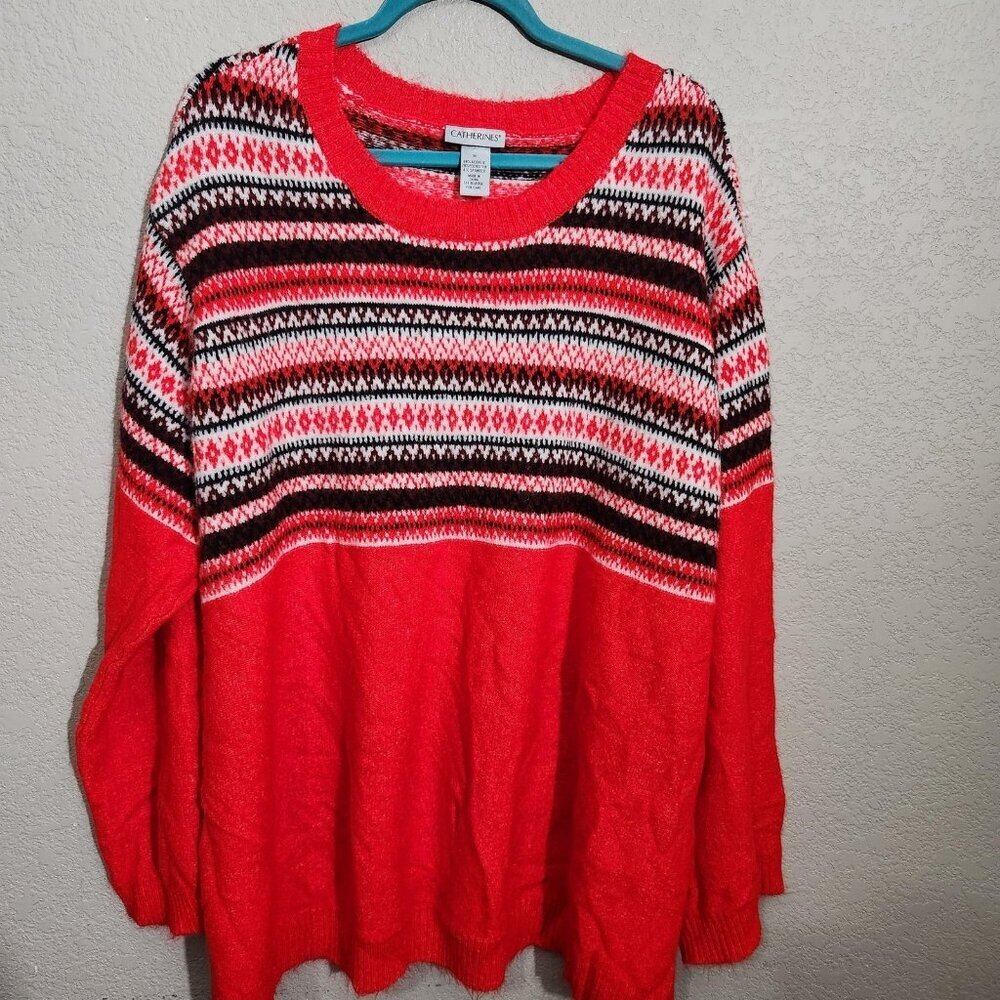 Catherines Sweater Womens 3X Red Fair Isle Crewneck Pullover Plus Size Knit